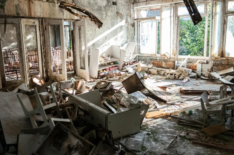 a room that has a bunch of furniture in it, an album cover, by Adam Marczyński, pexels contest winner, arte povera, demolition, promo image, nuclear aftermath, profile image