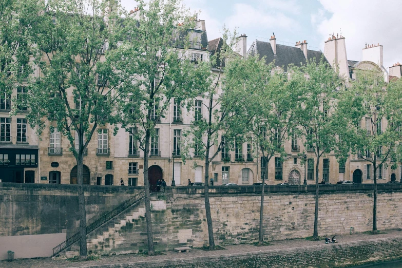 a row of buildings next to a body of water, a photo, paris school, built into trees and stone, unsplash photography, 2000s photo, fan favorite