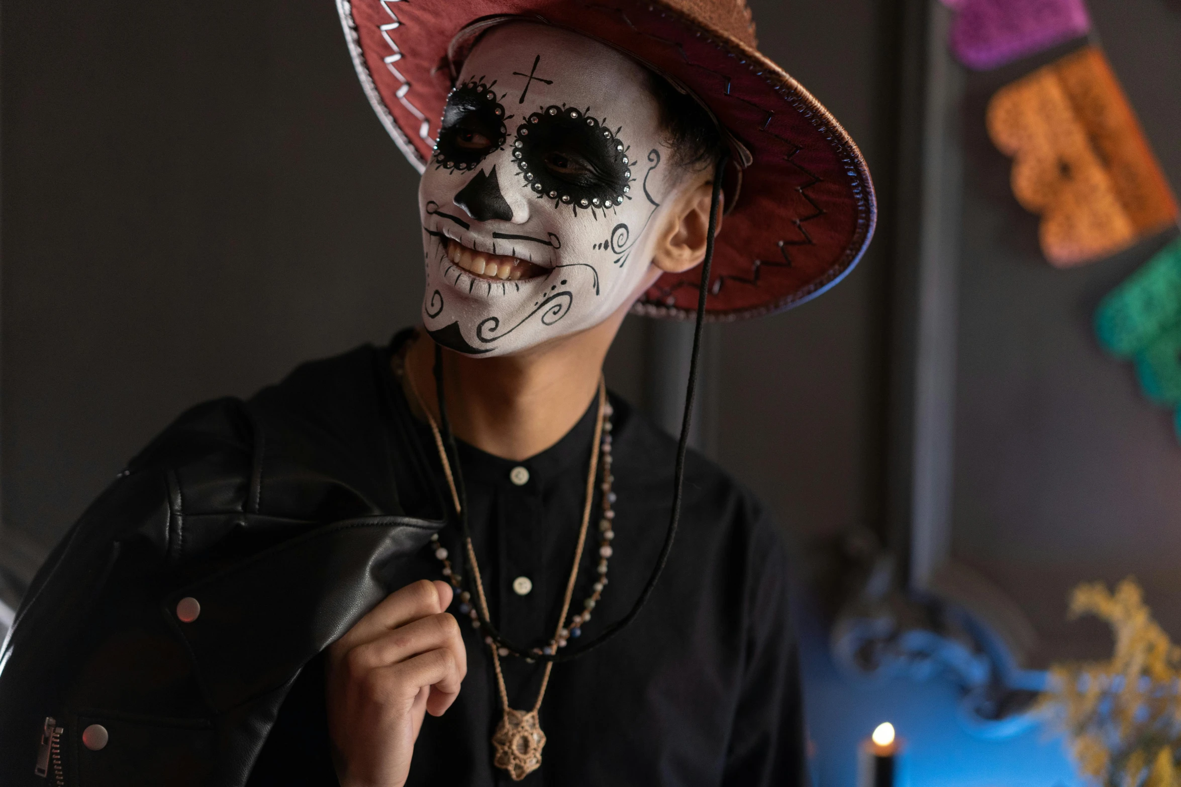 a man wearing a mexican day of the dead mask, pexels contest winner, wearing a chocker and cute hat, avatar image, jack skellington, fullbody painting