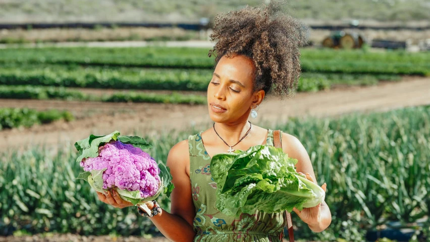 a woman holding a bunch of vegetables in a field, a portrait, by Jessie Algie, pexels contest winner, with afro, hollister ranch, avatar image, lettuce