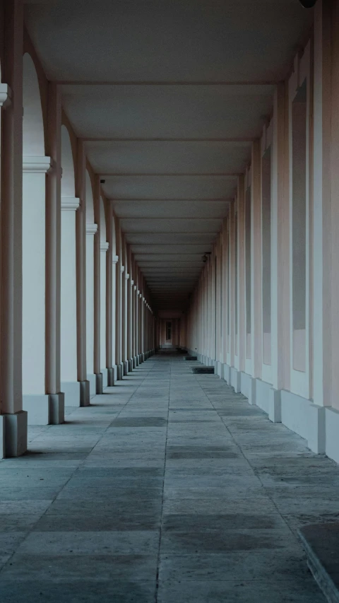 a long hallway in a building with columns, an album cover, inspired by David Chipperfield, unsplash contest winner, beeple. hyperrealism, detailed street, still from a wes anderson movie, muted colors. ue 5