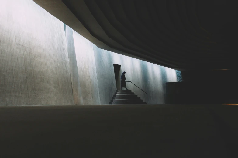 a person standing at the top of a set of stairs, inspired by Elsa Bleda, unsplash contest winner, brutalism, inside a crypt, portal. zaha hadid, dark cloaked figure, futuristic church