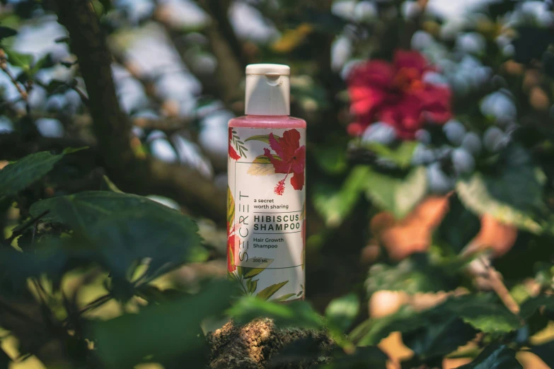 a bottle of body lotion sitting on top of a tree, inspired by Hirosada II, hibiscus flowers, foresthour, kintsukuroi, medium level shot