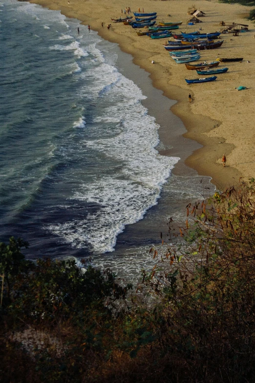 a group of boats sitting on top of a sandy beach, a tilt shift photo, pexels contest winner, renaissance, uttarakhand, trees and cliffs, wavy water, late afternoon light