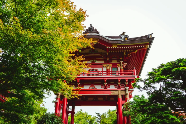 a tall red building sitting in the middle of a forest, inspired by Torii Kiyomasu, unsplash, sōsaku hanga, square, colourful biomorphic temple, low angle photo, 🦩🪐🐞👩🏻🦳