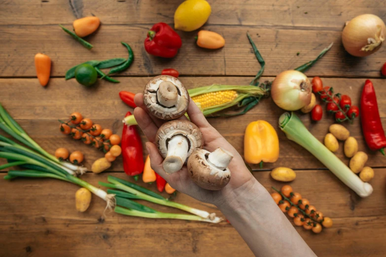 a person holding mushrooms on top of a wooden table, a still life, trending on pexels, confident holding vegetables, avatar image, multicoloured, background image