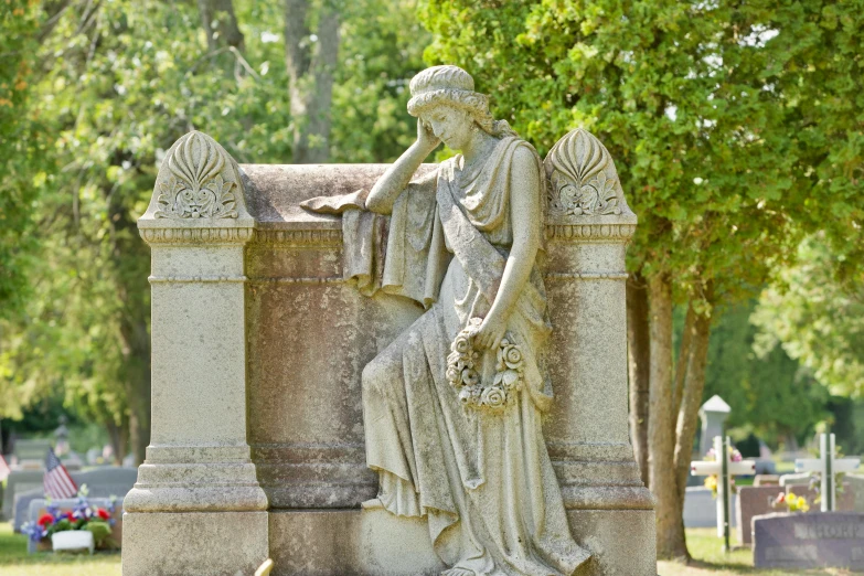 a statue of a woman sitting on top of a stone pillar, gravestones, from wheaton illinois, disappointed, ornate art