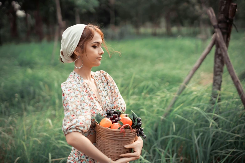 a woman holding a basket of fruit in a field, pexels contest winner, beautiful jewish woman, avatar image, handsome girl, profile image