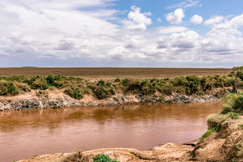 a river running through a dry grass covered field, unsplash, hurufiyya, unmistakably kenyan, pink water in a large bath, slide show, horizon view