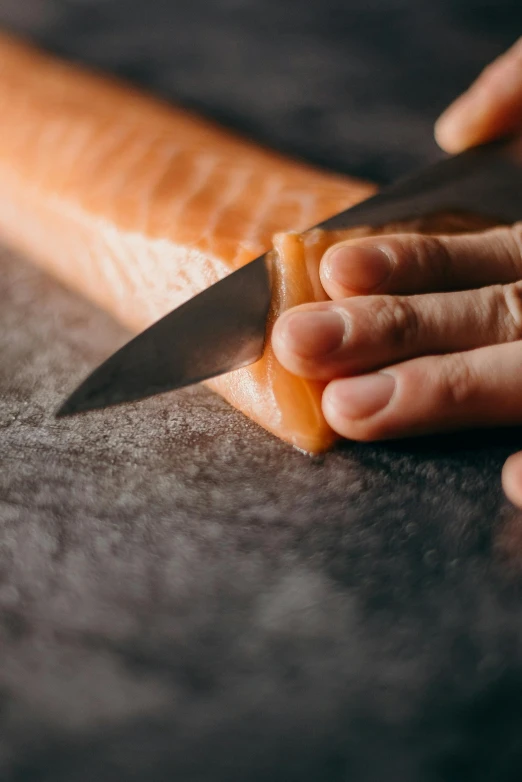 a person cutting a piece of salmon with a knife, pexels contest winner, close-up of thin soft hand, serene expression, upsetting, ilustration