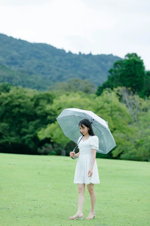 a woman in a white dress holding an umbrella, by Katsukawa Shun'ei, unsplash, visual art, on a green hill between trees, in karuizawa, on a green lawn, shiny silver