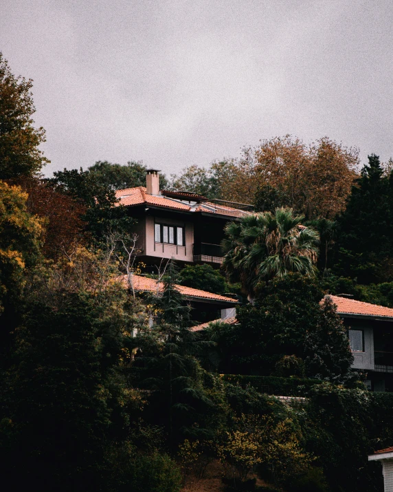 a house sitting on top of a lush green hillside, inspired by Elsa Bleda, pexels contest winner, modernism, gloomy earthy colors, low quality photo, exterior photo, multiple stories