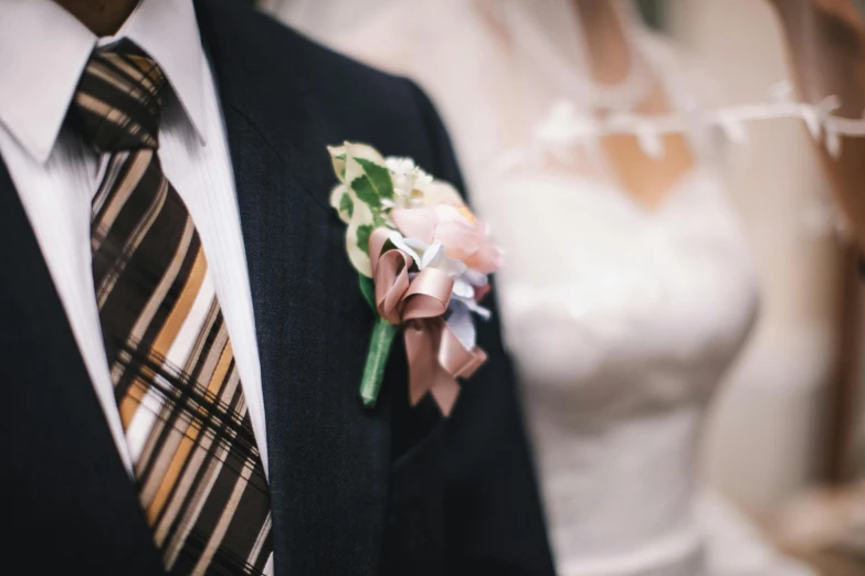 a close up of a person wearing a suit and tie, wearing a wedding dress