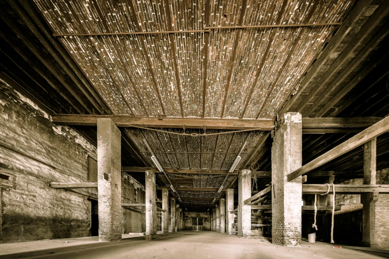 a black and white photo of an empty warehouse, by Alison Geissler, vintage infrared photograph, sepia toned, ceilings, getty images