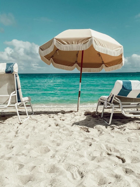 a couple of lawn chairs sitting on top of a sandy beach, umbrellas, profile image, miami beach, well shaded