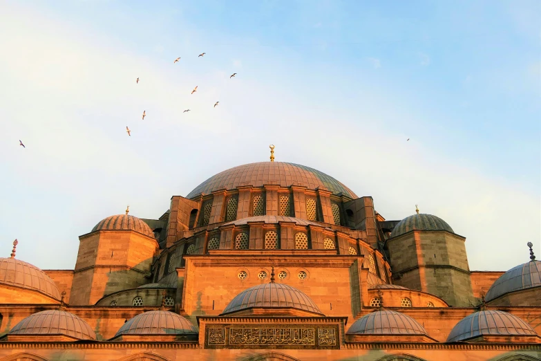 a large building with a bunch of birds flying around it, a colorized photo, inspired by Osman Hamdi Bey, pexels contest winner, hurufiyya, dome, cathedrals, summer morning, intricate copper details