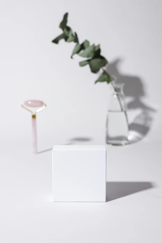 a close up of a vase with a plant in it, an abstract sculpture, inspired by Eden Box, minimalism, diamond and rose quartz, magnifying glass, product introduction photo, glossy white metal