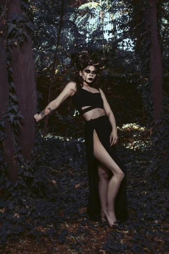 a woman in a black dress standing in the woods, an album cover, inspired by Elsa Bleda, pexels contest winner, gothic art, black and violet costume, fauns, profile image, in a halloween style