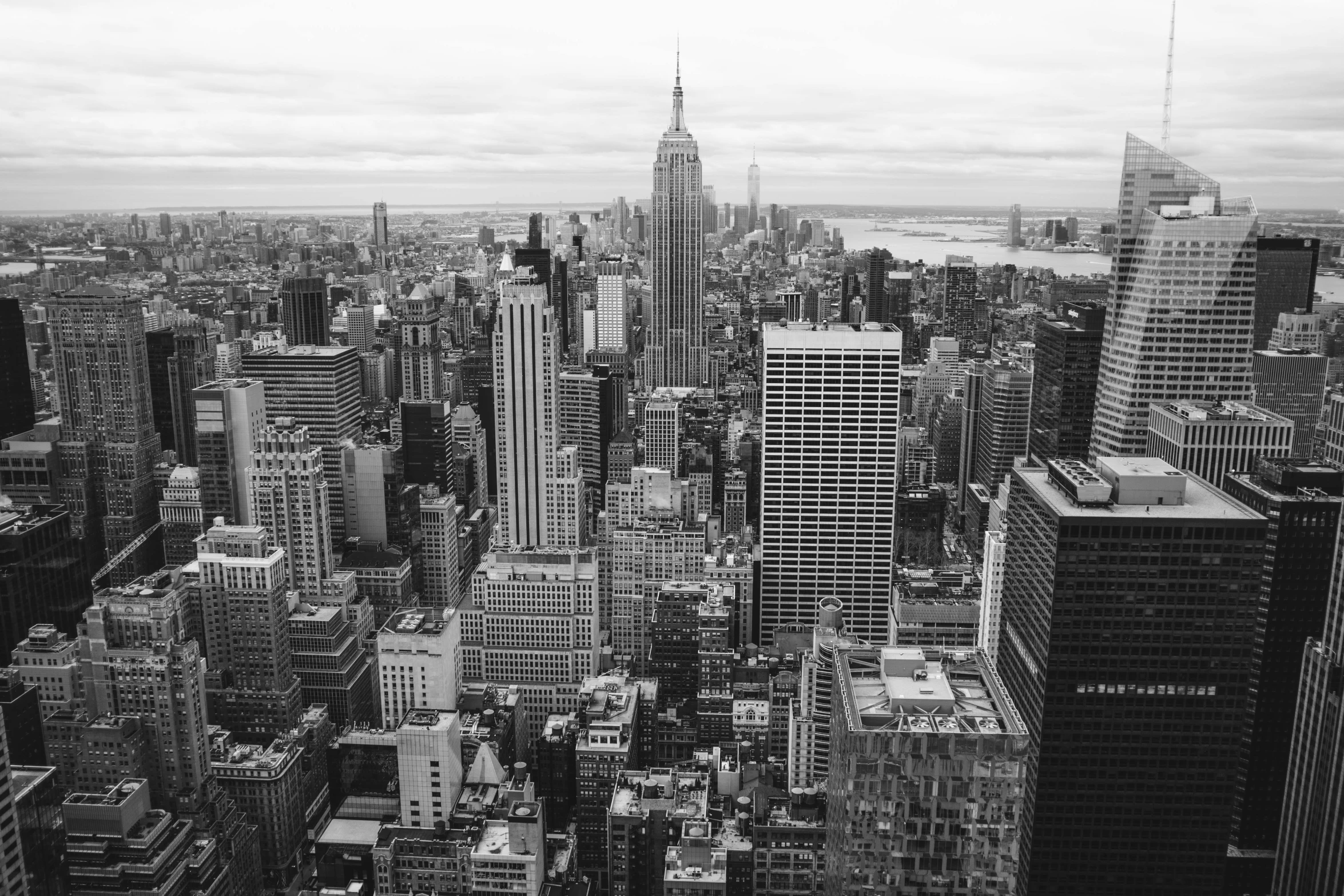 a black and white photo of a city, a black and white photo, pexels, modern new york, 8k hq, high picture quality, wide high angle view