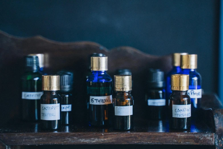 a bunch of bottles sitting on top of a wooden table, a portrait, unsplash, apothecary, blue robe, black oil bath, profile image