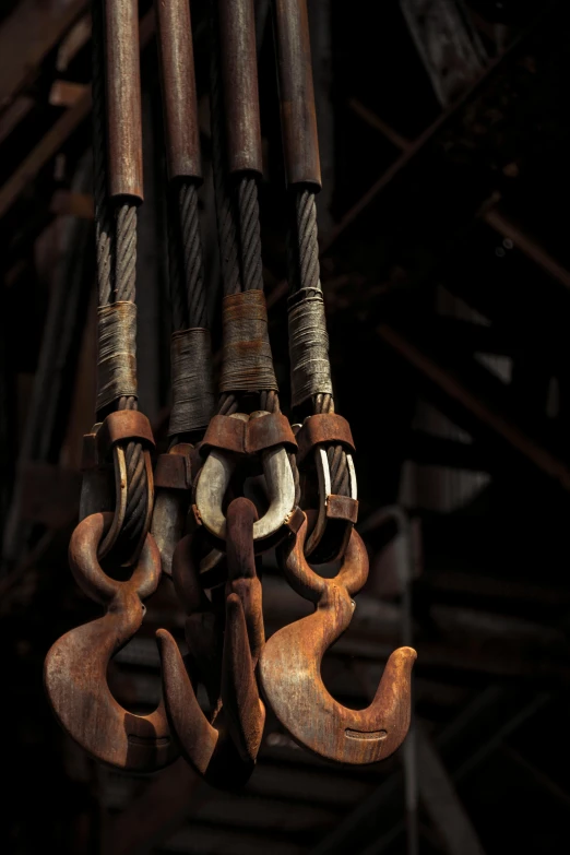 a bunch of rusty hooks hanging from a ceiling, a portrait, by David Simpson, unsplash, cranes, 2 0 0 4 photograph, rugged details, mjolnir