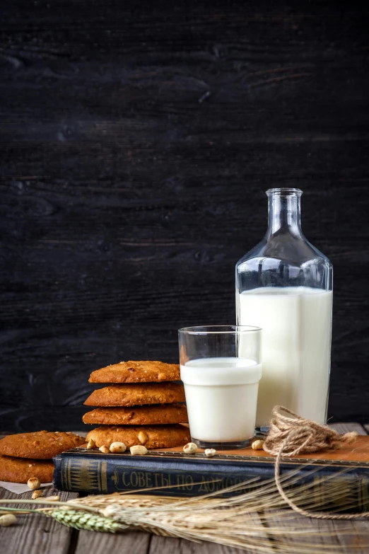 a glass of milk, cookies and a bottle of milk on a wooden table, by Andries Stock, shutterstock contest winner, renaissance, 15081959 21121991 01012000 4k, panel, local foods, dark backdrop