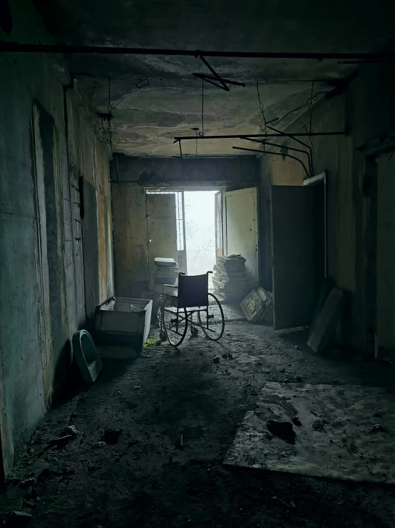an empty room with a wheelchair in it, inspired by Gregory Crewdson, unsplash contest winner, conceptual art, hashima island, 2020 video game screenshot, ( apocalyptic ) 8 k, trending on mentalray