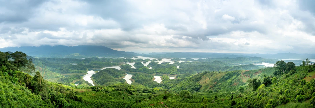 a river running through a lush green valley, an album cover, pexels contest winner, sumatraism, panorama distant view, many islands, 4 k cinematic panoramic view, low clouds after rain