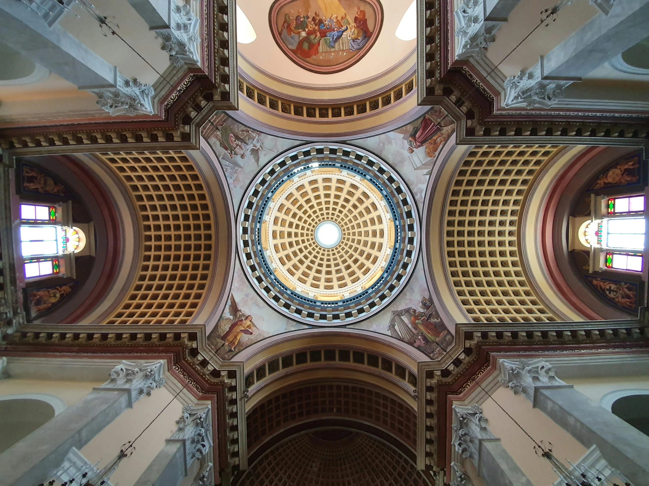 a view looking up at the ceiling of a church, inspired by Christopher Wren, unsplash contest winner, hyperrealism, neoclassical tower with dome, 2000s photo, ilustration, many angles