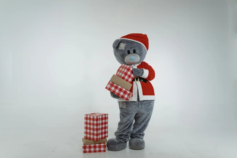 a teddy bear dressed in a red and white outfit, inspired by Ernest William Christmas, grey, 2023 4k, bluey, full body model