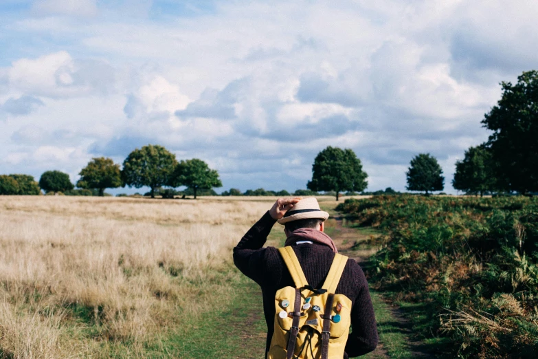 a man with a backpack walking down a path, a picture, unsplash, visual art, english countryside, on a yellow canva, al fresco, paul davey