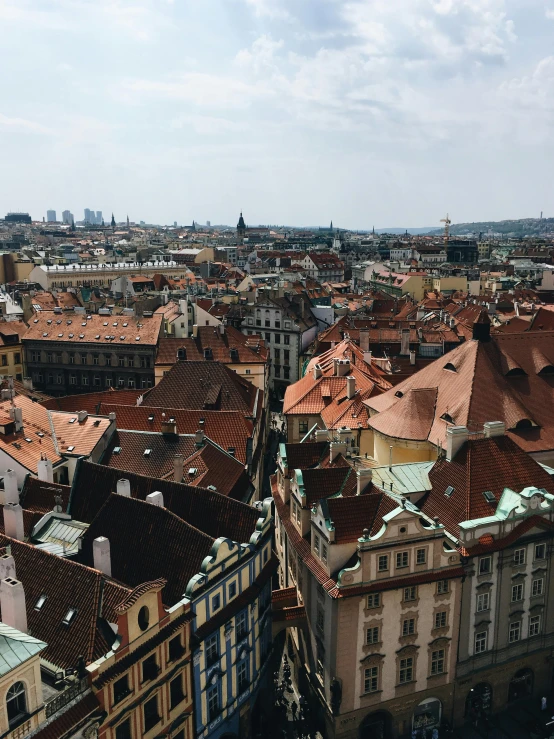 a view of a city from the top of a building, prague in the background, highly detailed # no filter, 8k”, grain”