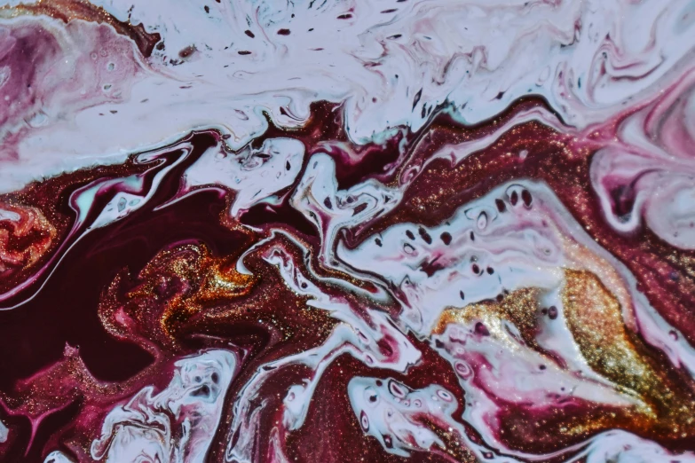 a close up of a liquid substance on a surface, a detailed painting, by Sophie Pemberton, trending on pexels, maroon and white, made of marble, garnet, chocolate river