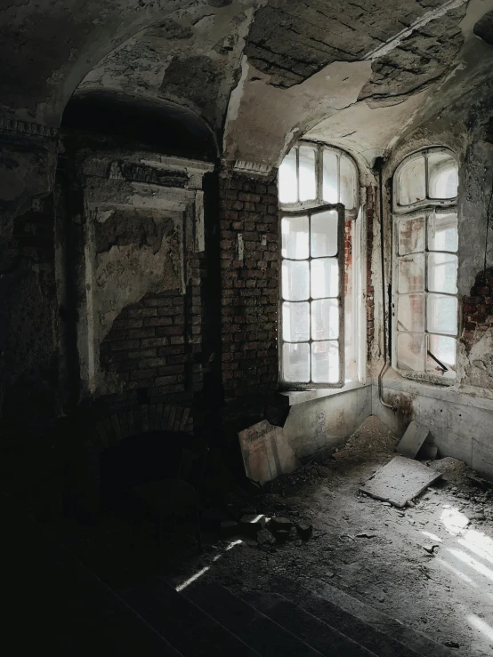 a room that has a bunch of windows in it, inspired by Elsa Bleda, unsplash contest winner, dark ruins landscape, promo image, old building, low quality photo