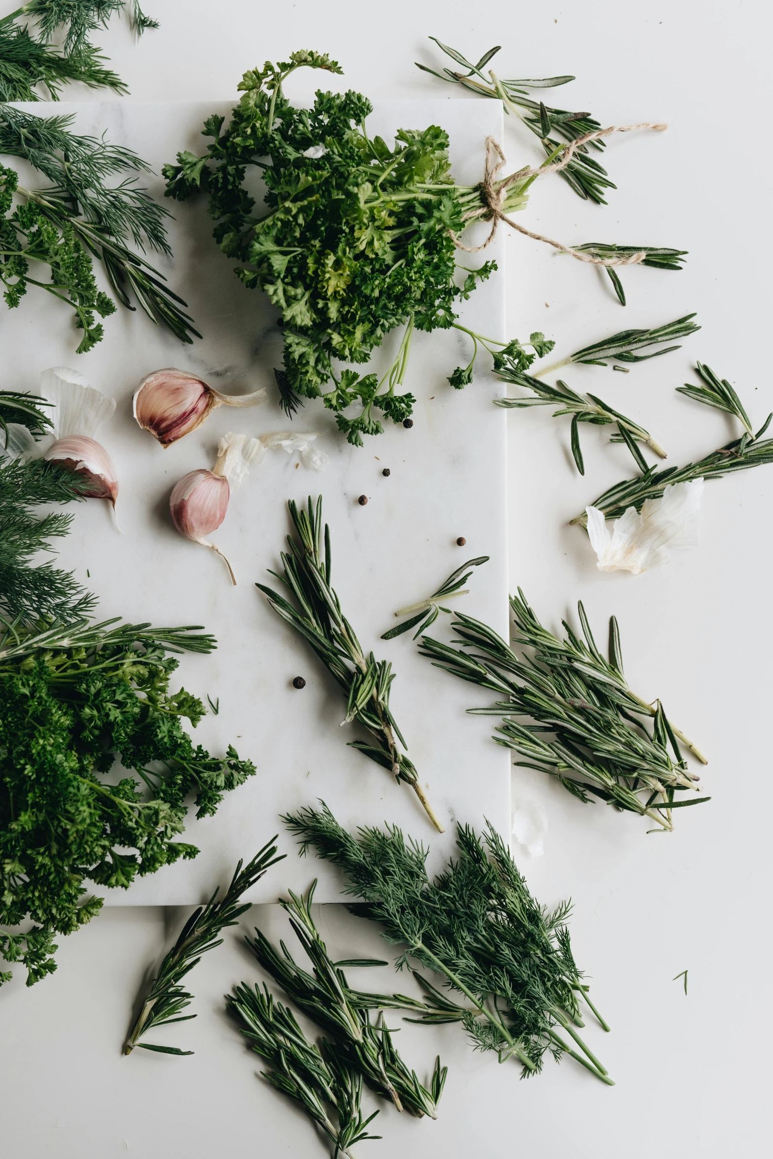 a cutting board with herbs and garlic on it, by Carey Morris, trending on unsplash, white backround, overgrown foliage, all marble, harbor