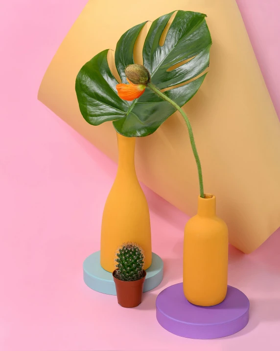 a couple of vases sitting on top of a table, yellow backdrop, product image, colorful bottles and plants, matte photo