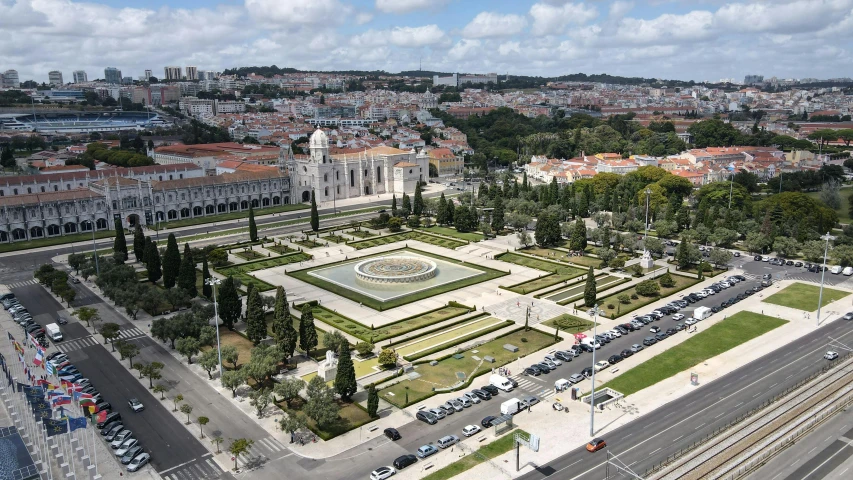 a view of a city from a bird's eye view, a marble sculpture, inspired by Almada Negreiros, pexels contest winner, renaissance, formal gardens, grass field surrounding the city, central hub, thumbnail