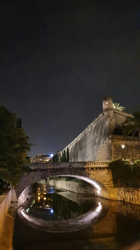 a bridge over a body of water at night, an album cover, pexels contest winner, renaissance, roma, exterior view, profile image, thumbnail