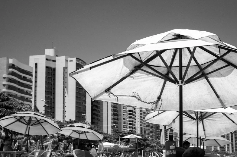 a black and white photo of people sitting under umbrellas, by Manuel Franquelo, waikiki beach skyline, são paulo, sunny day time, saatchi art