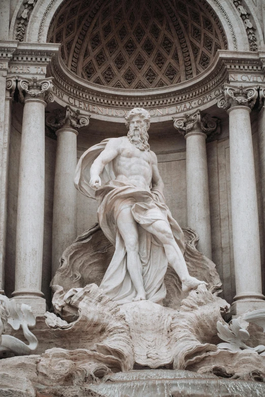 a statue of a man sitting on top of a fountain, a marble sculpture, by Gian Lorenzo Bernini, pexels contest winner, neoclassicism, giant majestic archways, exaggerated muscles, draped with water and spines, looking to his side