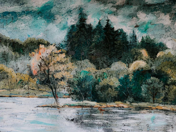 a painting of a river surrounded by trees, nika maisuradze, overcast mood, various artworks, on a lake