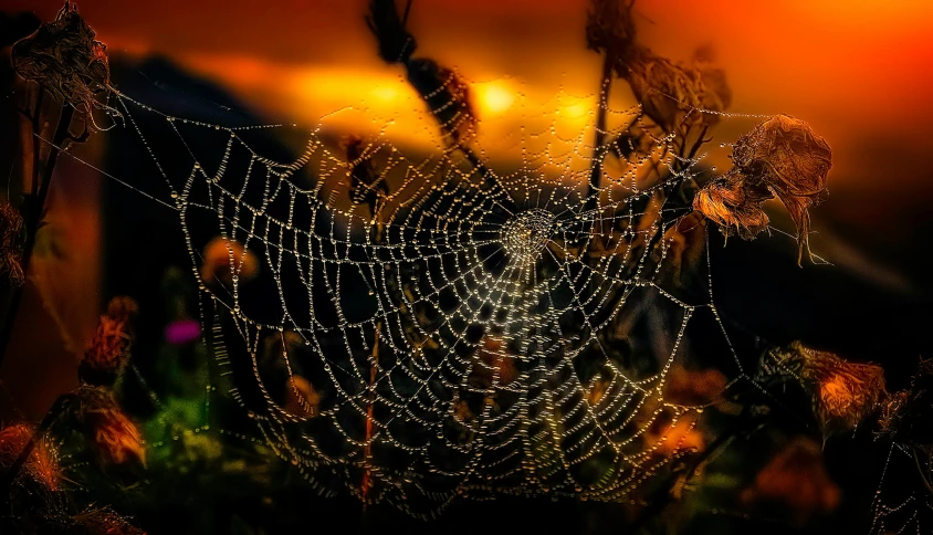 a spider web with water droplets on it, by Mirko Rački, pexels contest winner, art photography, at sunset in autumn, mystical orange fog, highly detailed saturated, autumn night