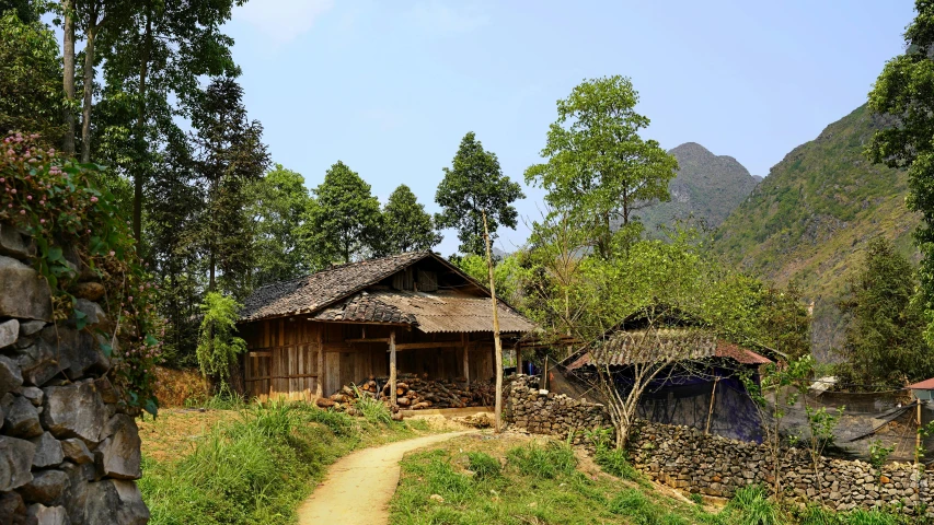 a dirt path in front of a house with a thatched roof, inspired by Cui Bai, log houses built on hills, mountainous jungle setting, profile image, exterior photo