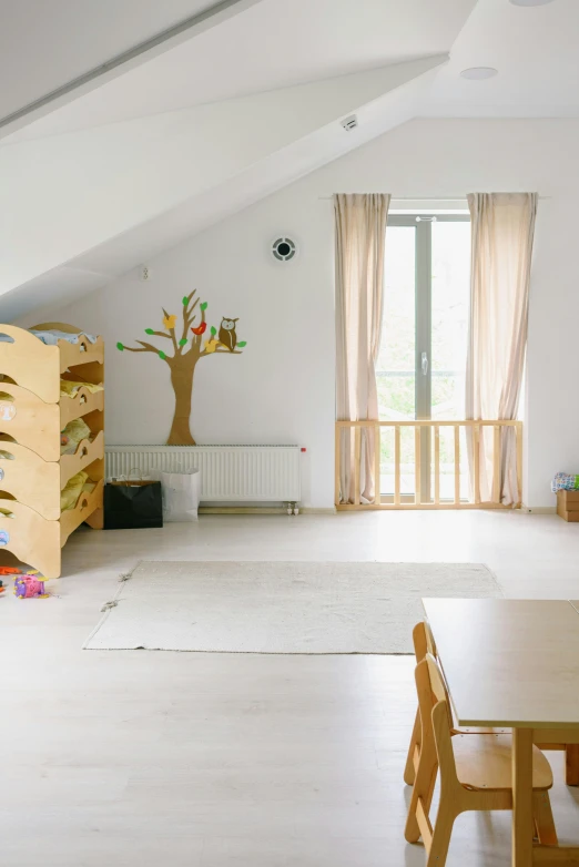 a room that has a table and chairs in it, a child's drawing, inspired by Bela Čikoš Sesija, trending on unsplash, danube school, cozy treehouse bedroom, no - text no - logo, thumbnail, in small room