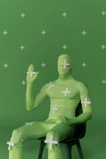 a man that is sitting in a chair, a hologram, inspired by Oskar Schlemmer, trending on pexels, pastel green, sitting cross-legged, zentai suit, pills