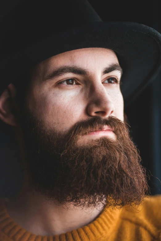 a man with a beard wearing a hat, a portrait, inspired by James Baynes, pexels, square masculine facial features, uploaded, beautiful hairy, color photo