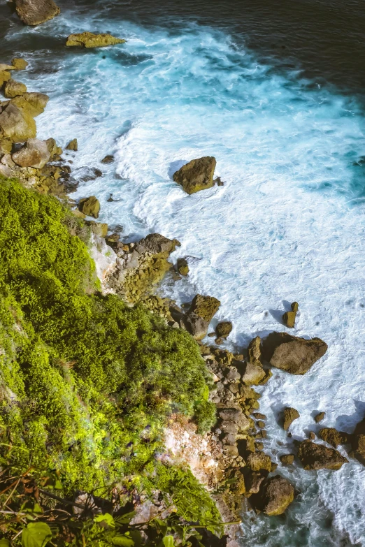 a large body of water next to a lush green hillside, trending on pexels, tropical reef, rocky cliff, close-up from above, wavy water