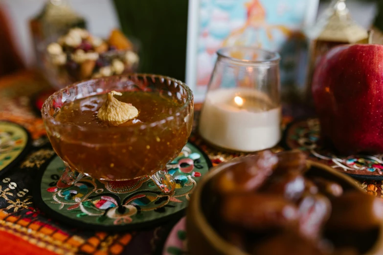 a close up of a plate of food on a table, ameera al taweel, marmalade, ayahuasca, festive