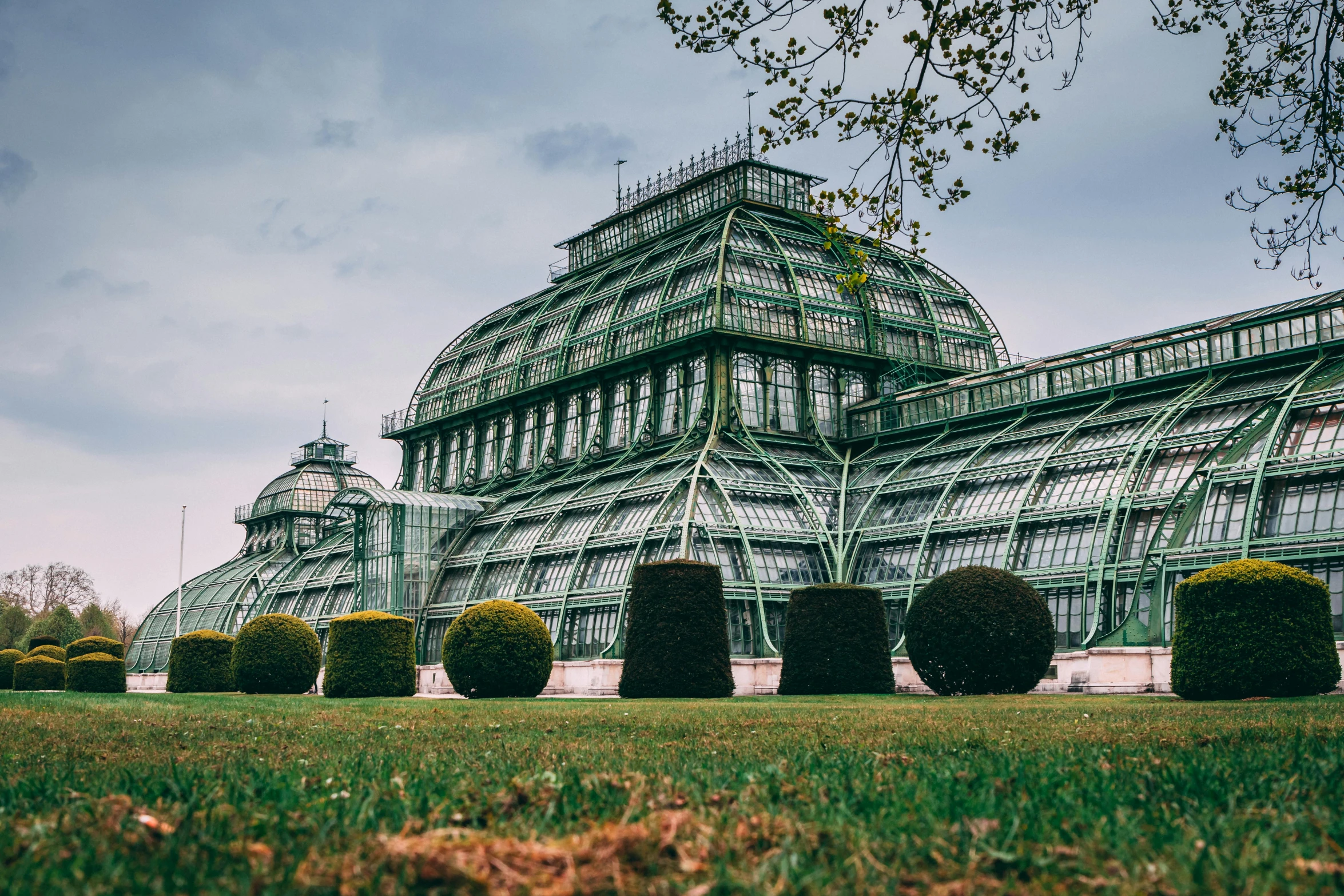 a large green building sitting on top of a lush green field, pexels contest winner, art nouveau, huge greenhouse, vienna, 🦩🪐🐞👩🏻🦳, persian style architecture