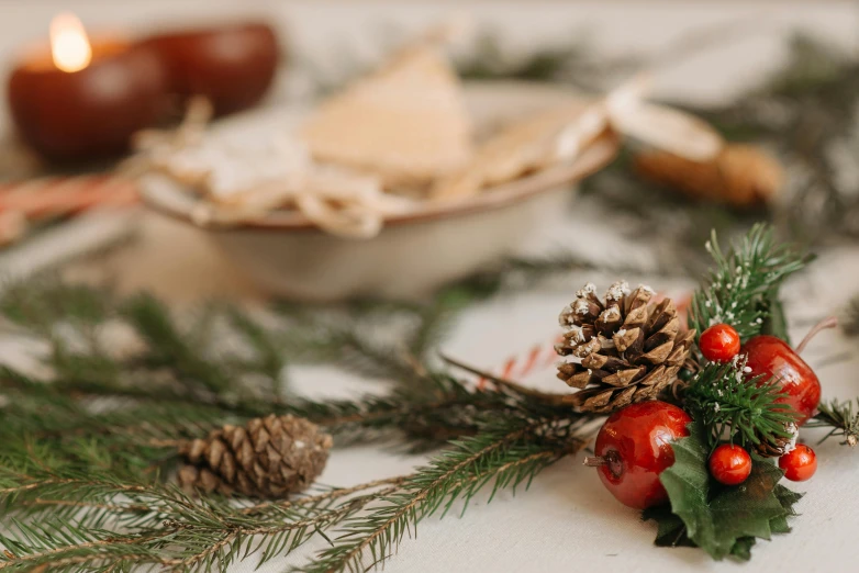 a close up of a plate of food on a table, a still life, by Carey Morris, trending on unsplash, wreath of ferns, wood ornaments, with a white background, background image